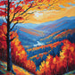 red and orange autumn trees above misty blue mountain ridges and a river valley at sunrise, paint by numbers kit