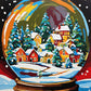 glass snow globe with a small village of red and yellow houses and pine trees in falling snow, paint by numbers kit