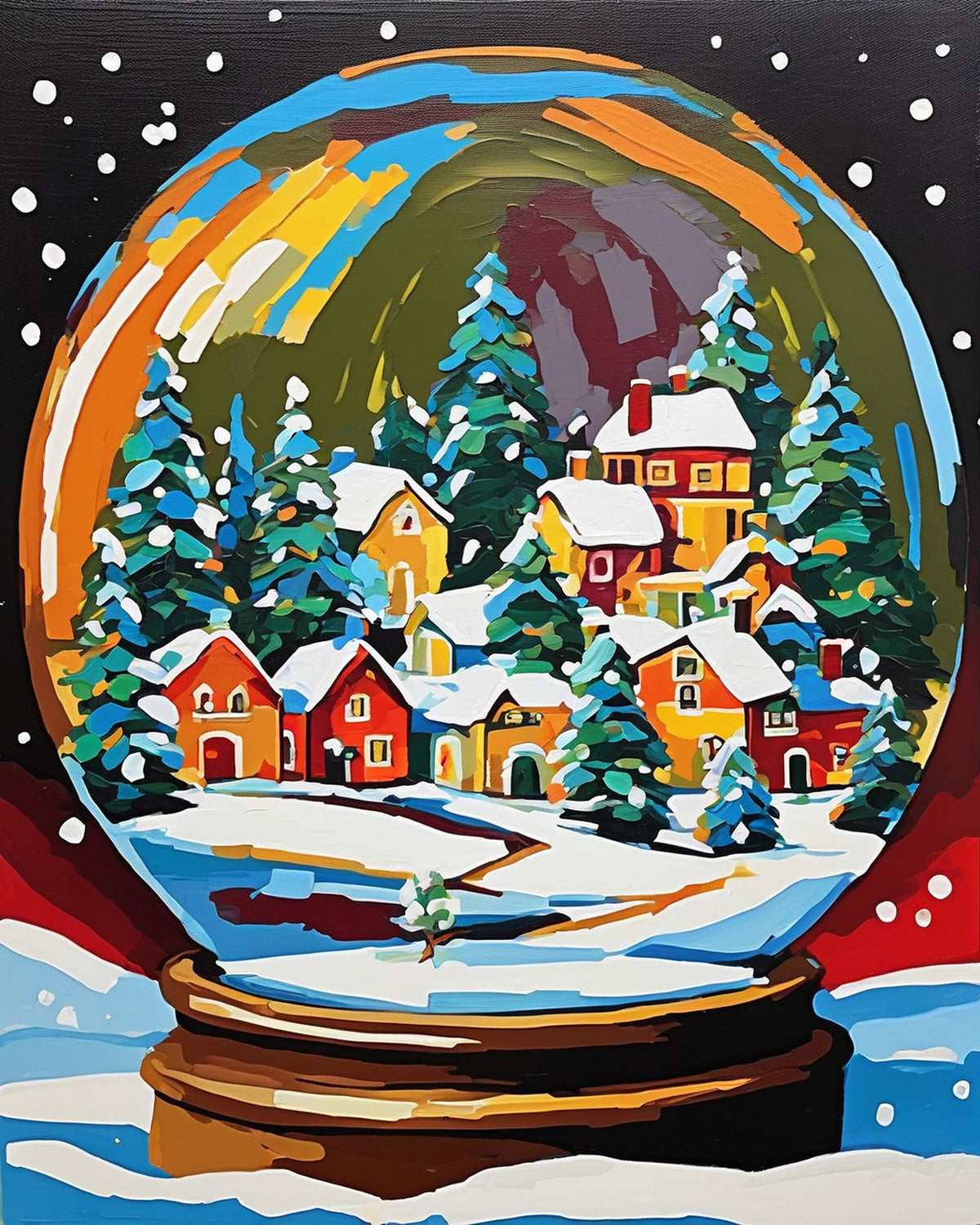 glass snow globe with a small village of red and yellow houses and pine trees in falling snow, paint by numbers kit