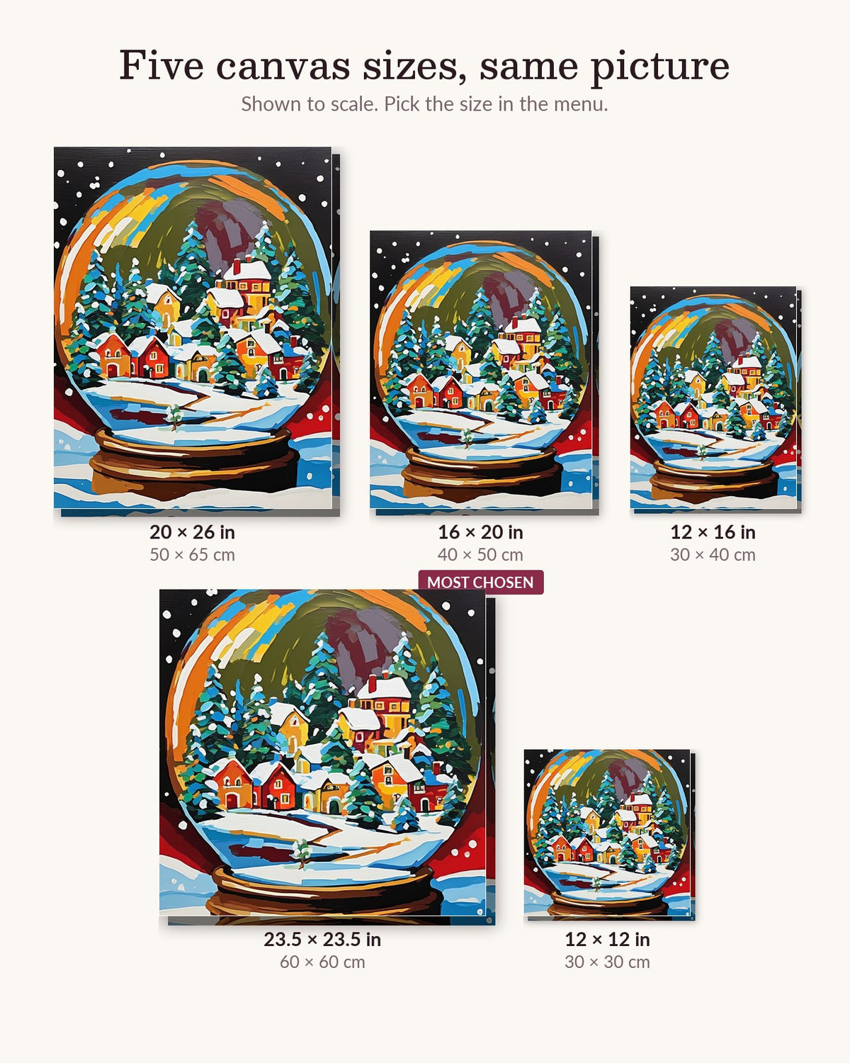 Snow Globe with a Christmas Village canvas sizes from 12 x 12 to 23.5 x 23.5 inches