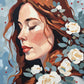 Snow Roses Winter Portrait paint by numbers kit, woman in profile with white roses in her auburn hair