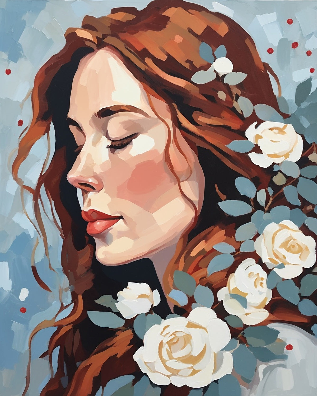 Snow Roses Winter Portrait paint by numbers kit, woman in profile with white roses in her auburn hair