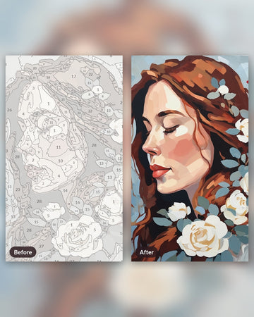 Snow Roses Winter Portrait paint by numbers kit, before and after