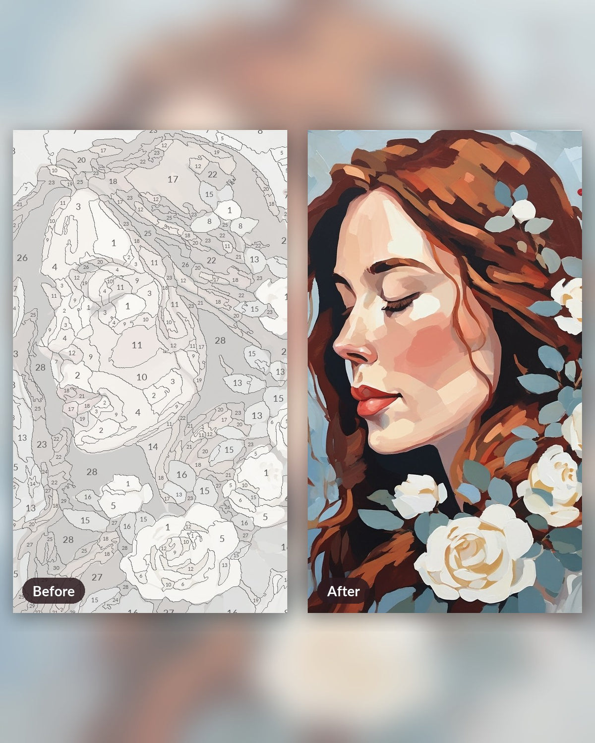 Snow Roses Winter Portrait paint by numbers kit, before and after