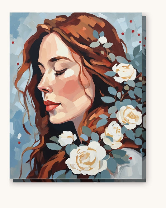 Snow Roses Winter Portrait paint by numbers kit on stretched canvas