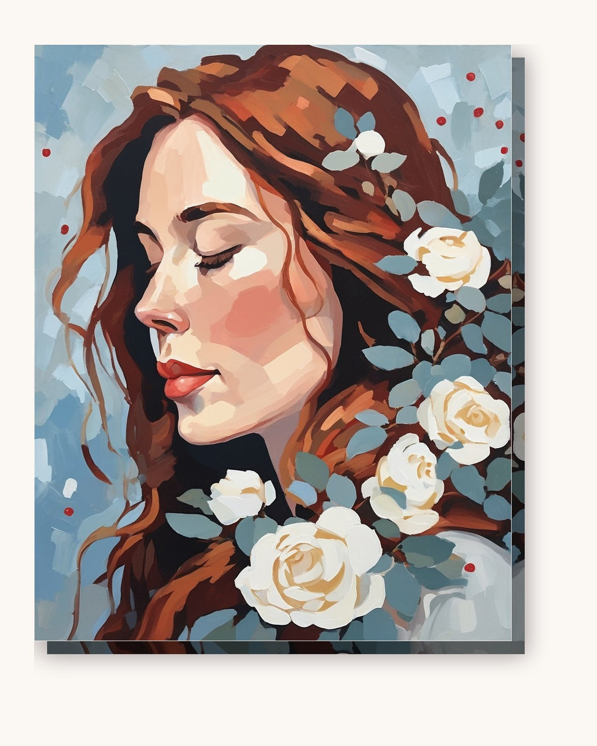 Snow Roses Winter Portrait paint by numbers kit on stretched canvas