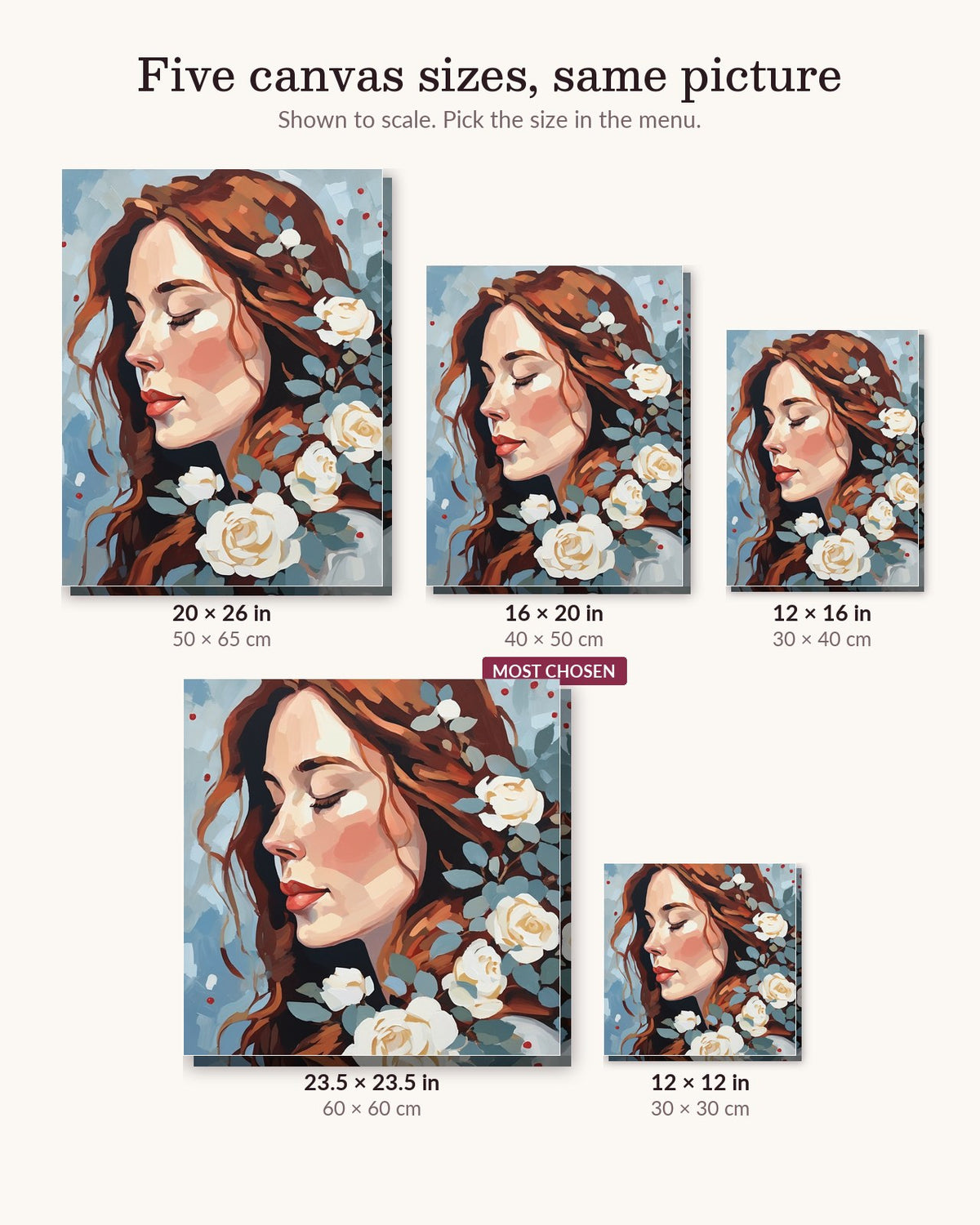 Snow Roses Winter Portrait canvas sizes from 12 x 12 to 23.5 x 23.5 inches