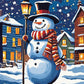 Snowman by Candlelight paint by numbers kit, snowman holding a lantern at night in the snow