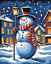 Snowman by Candlelight paint by numbers kit, snowman holding a lantern at night in the snow