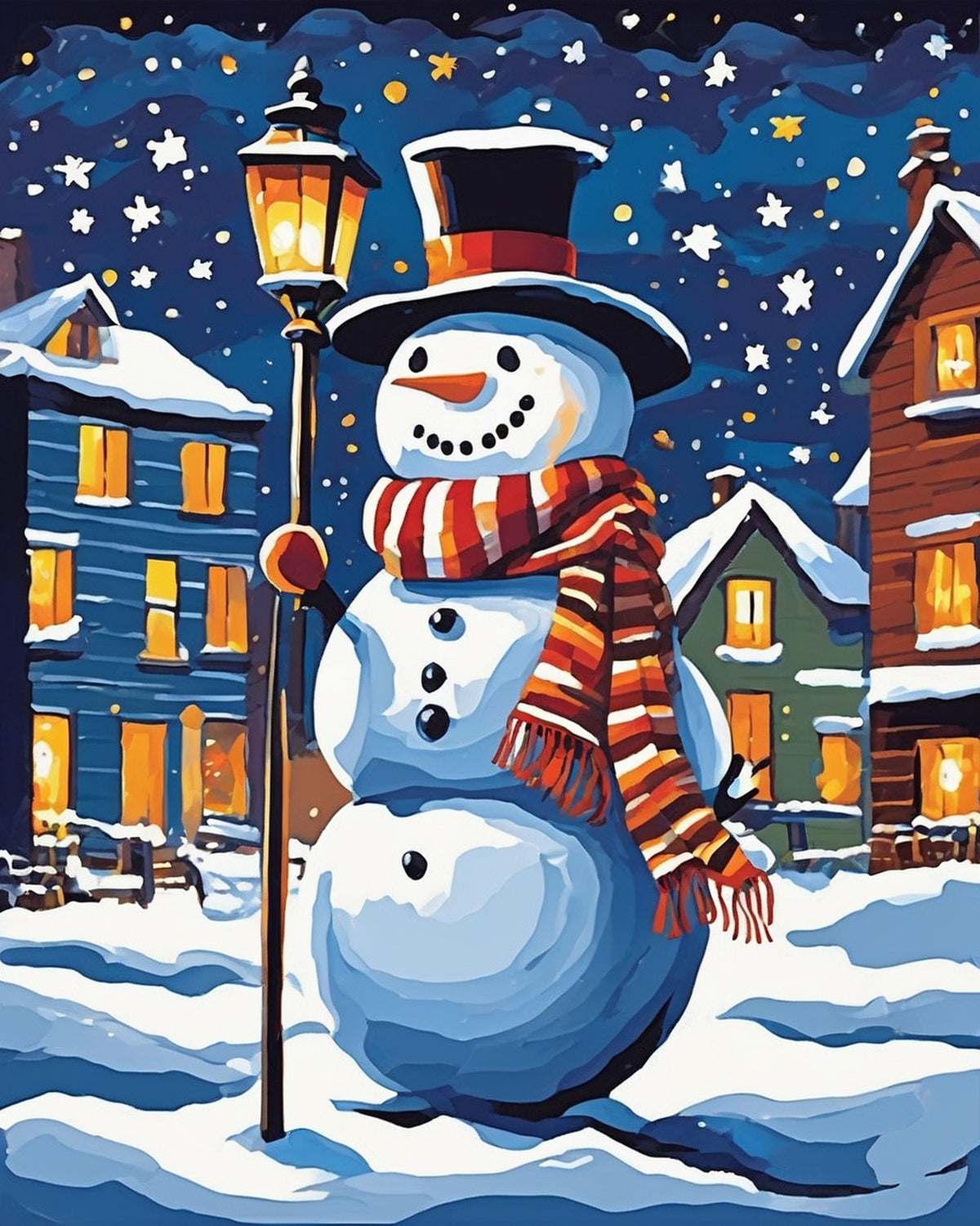 Snowman by Candlelight paint by numbers kit, snowman holding a lantern at night in the snow
