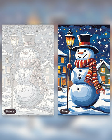 Snowman by Candlelight paint by numbers kit, before and after