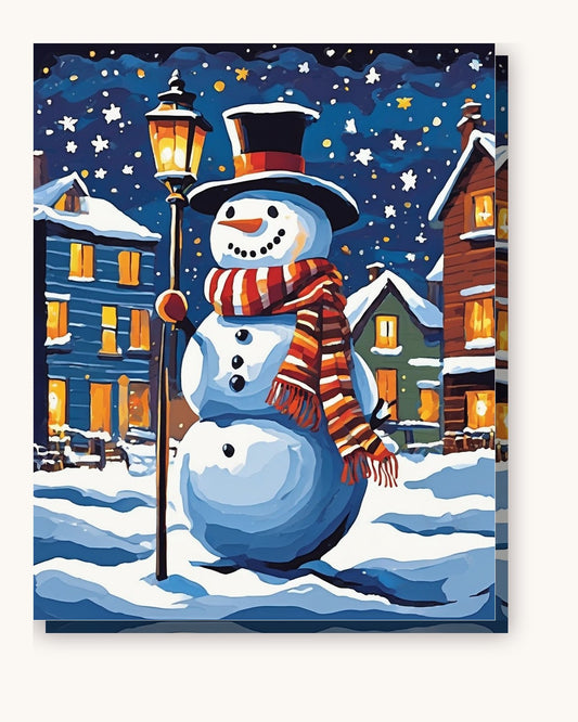 Snowman by Candlelight paint by numbers kit on stretched canvas