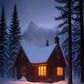 Snowy Cabin at Dusk paint by numbers kit, winter cabin with lit windows