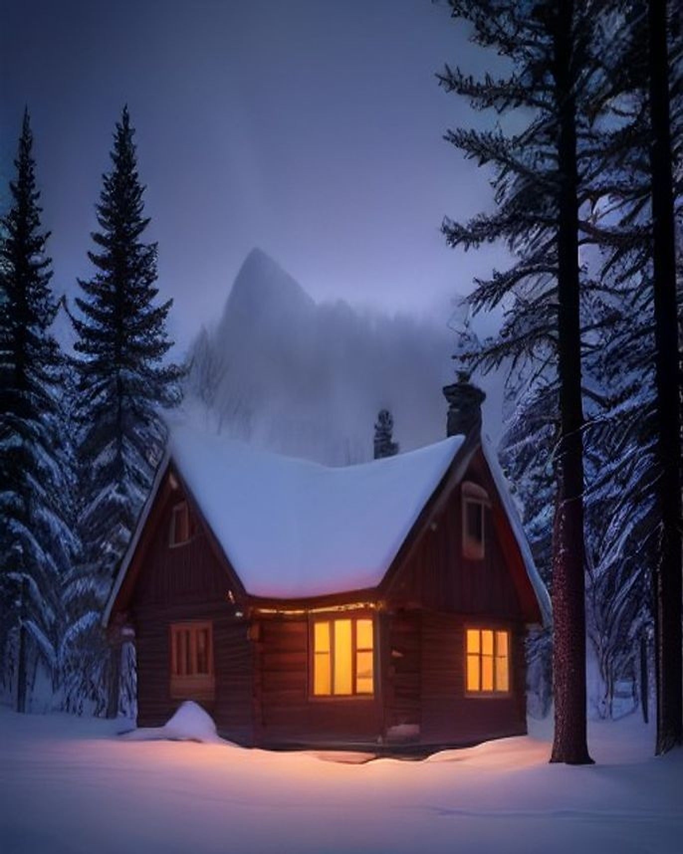 Snowy Cabin at Dusk paint by numbers kit, winter cabin with lit windows