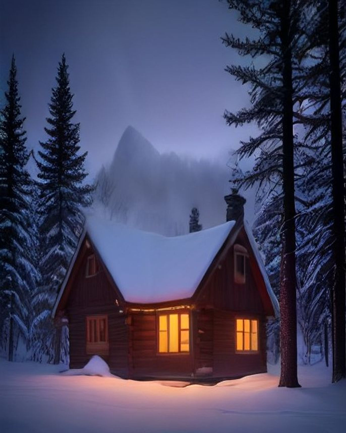 Snowy Cabin at Dusk paint by numbers kit, winter cabin with lit windows