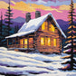 Snowy Cabin at Dusk paint by numbers kit, winter cabin with lit windows