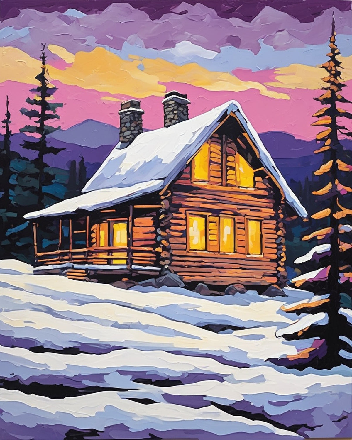 Snowy Cabin at Dusk paint by numbers kit, winter cabin with lit windows