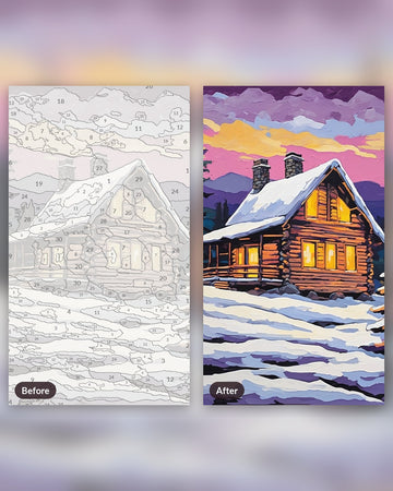 Snowy Cabin at Dusk paint by numbers kit, before and after
