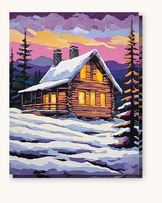 Snowy Cabin at Dusk paint by numbers kit on stretched canvas