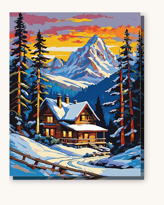 Snowy Mountain Cabin at Dusk paint by numbers kit on stretched canvas