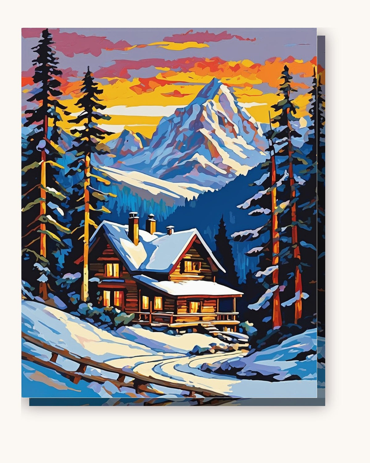 Snowy Mountain Cabin at Dusk paint by numbers kit on stretched canvas