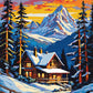 log cabin with lit windows and a snowy roof among tall pines with snowy mountains at dusk, paint by numbers kit