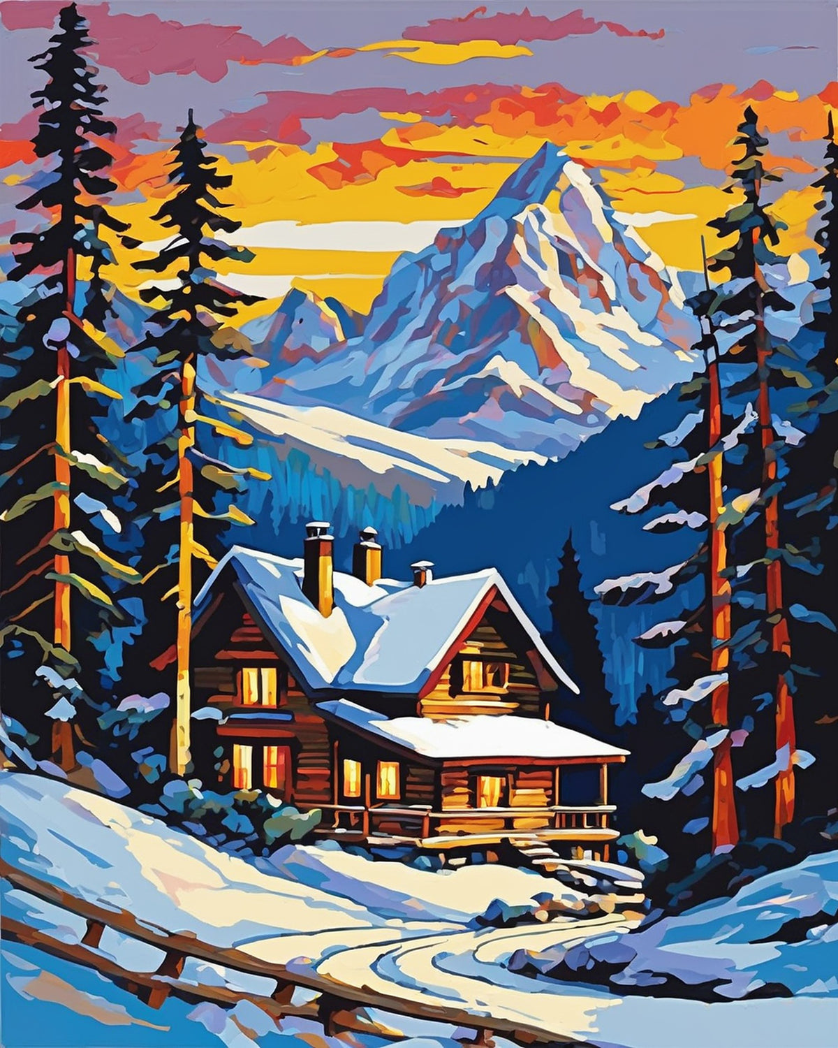 log cabin with lit windows and a snowy roof among tall pines with snowy mountains at dusk, paint by numbers kit