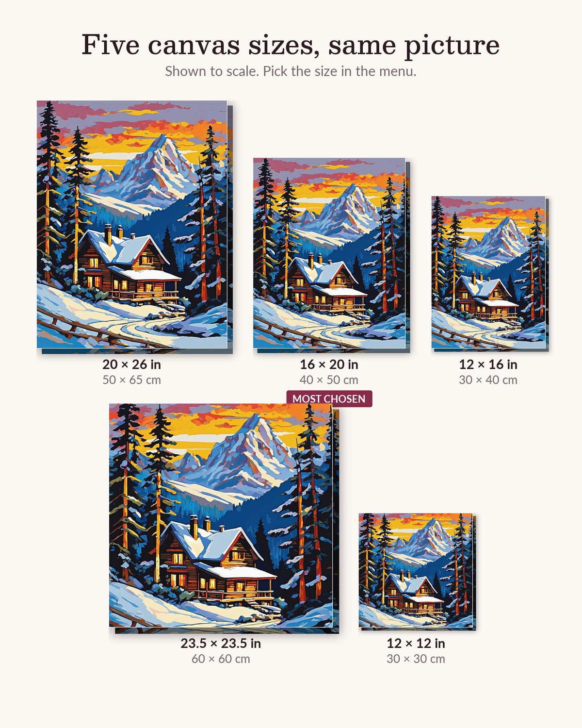 Snowy Mountain Cabin at Dusk canvas sizes from 12 x 12 to 23.5 x 23.5 inches