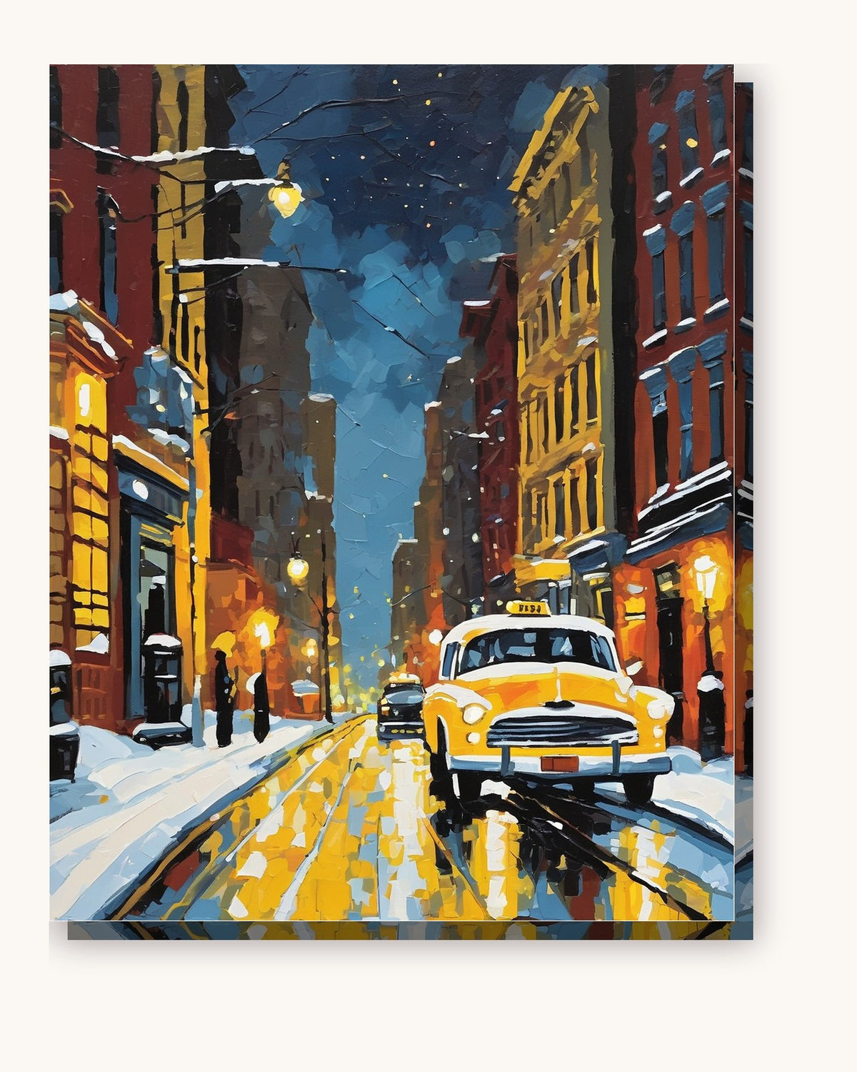 Snowy New York Street with Yellow Taxi paint by numbers kit on stretched canvas