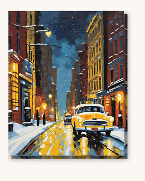 Snowy New York Street with Yellow Taxi paint by numbers kit on stretched canvas