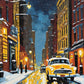 yellow taxi on a snowy city street at night with warm street lamps and brick buildings, paint by numbers kit