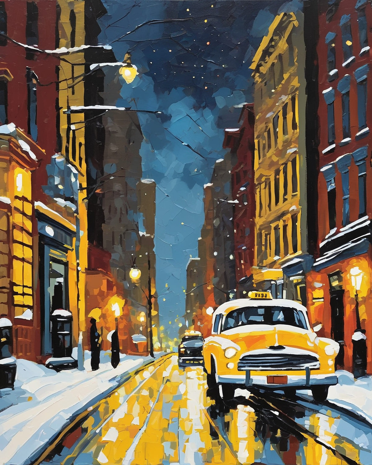yellow taxi on a snowy city street at night with warm street lamps and brick buildings, paint by numbers kit