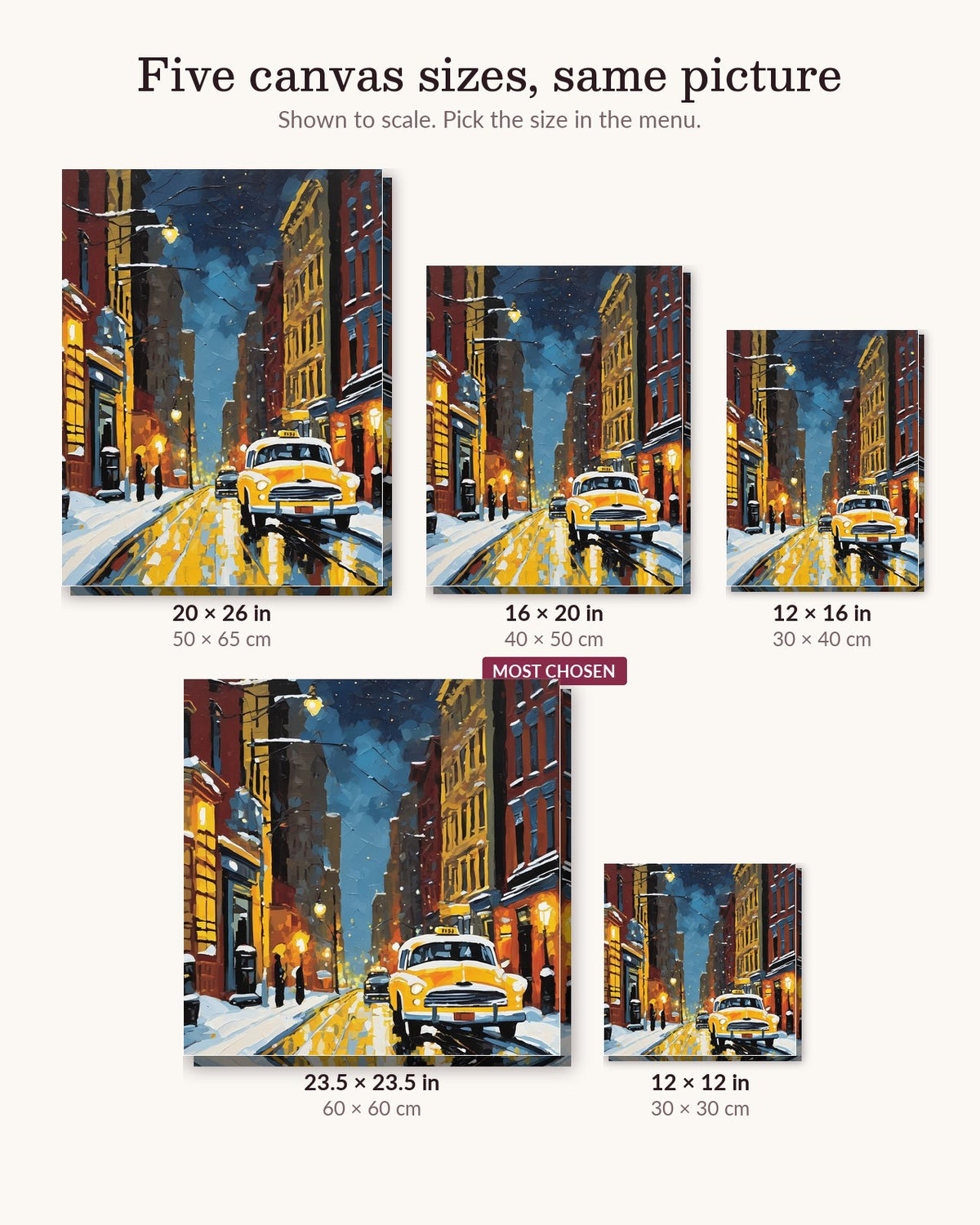 Snowy New York Street with Yellow Taxi canvas sizes from 12 x 12 to 23.5 x 23.5 inches