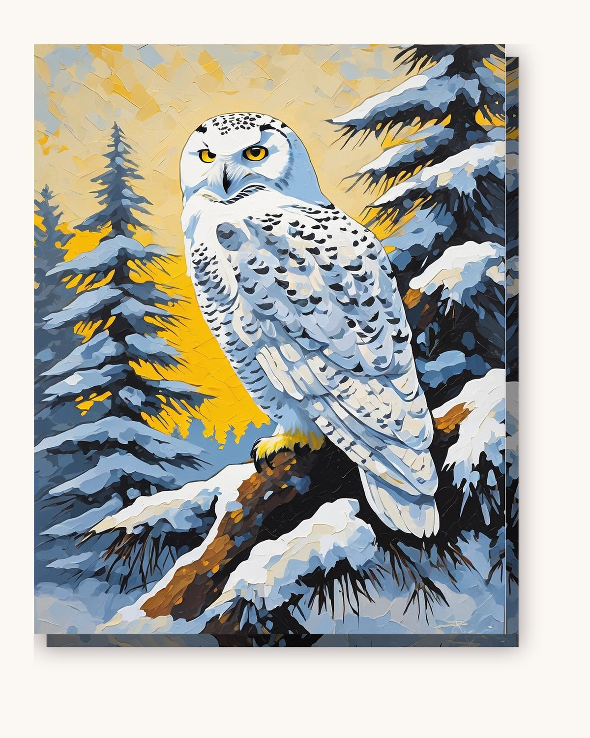 Snowy Owl on a Pine Branch paint by numbers kit on stretched canvas