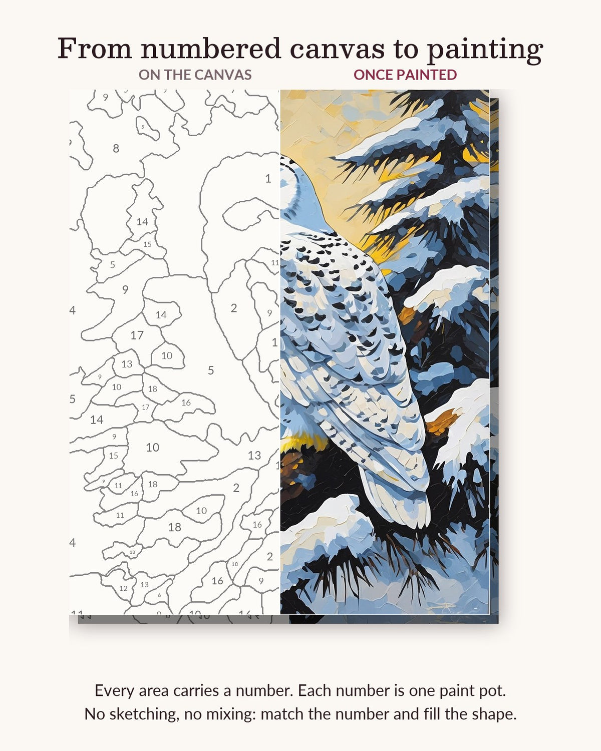 Snowy Owl on a Pine Branch numbered canvas next to the finished painting