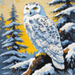 snowy owl with yellow eyes perched on a snowy pine branch against a pale yellow sky, paint by numbers kit