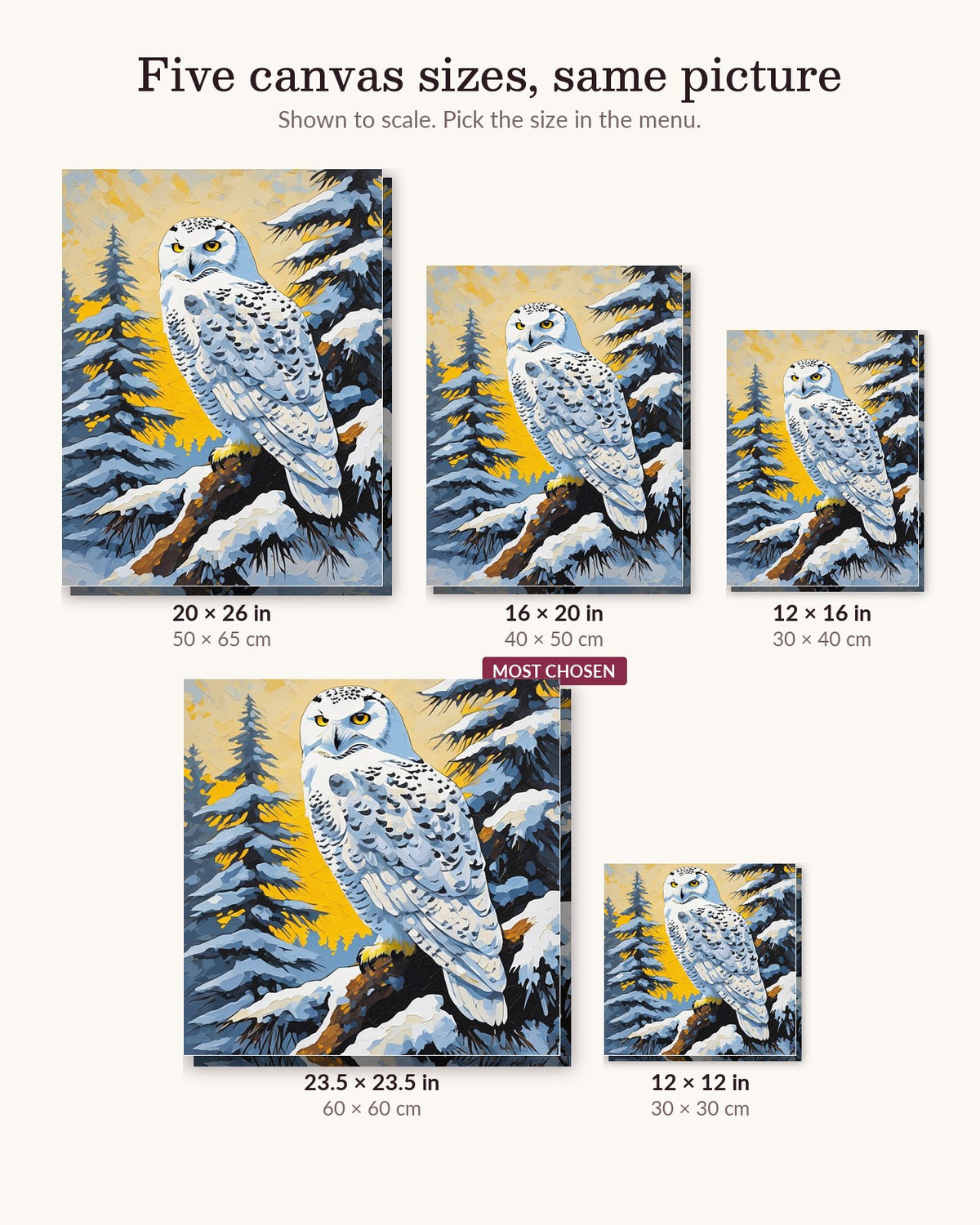 Snowy Owl on a Pine Branch canvas sizes from 12 x 12 to 23.5 x 23.5 inches
