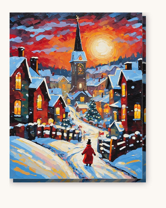 Snowy Village Church at Sunset paint by numbers kit on stretched canvas