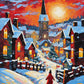 snowy village street with lit houses and a church steeple under a red sunset sky, paint by numbers kit