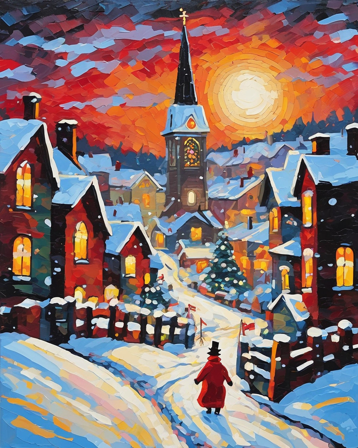 snowy village street with lit houses and a church steeple under a red sunset sky, paint by numbers kit