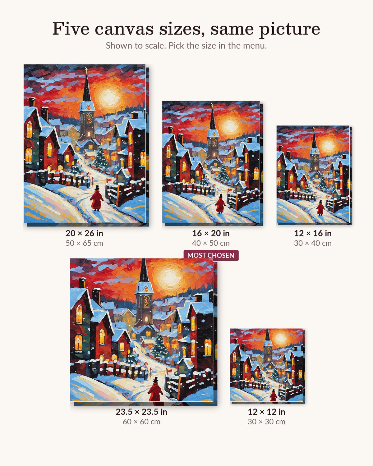 Snowy Village Church at Sunset canvas sizes from 12 x 12 to 23.5 x 23.5 inches