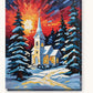 Snowy White Church at Sunset paint by numbers kit on stretched canvas