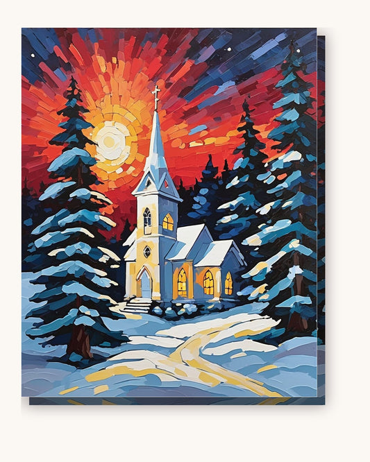 Snowy White Church at Sunset paint by numbers kit on stretched canvas