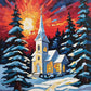 white church with a steeple among snowy pine trees under a red and orange sunset sky, paint by numbers kit