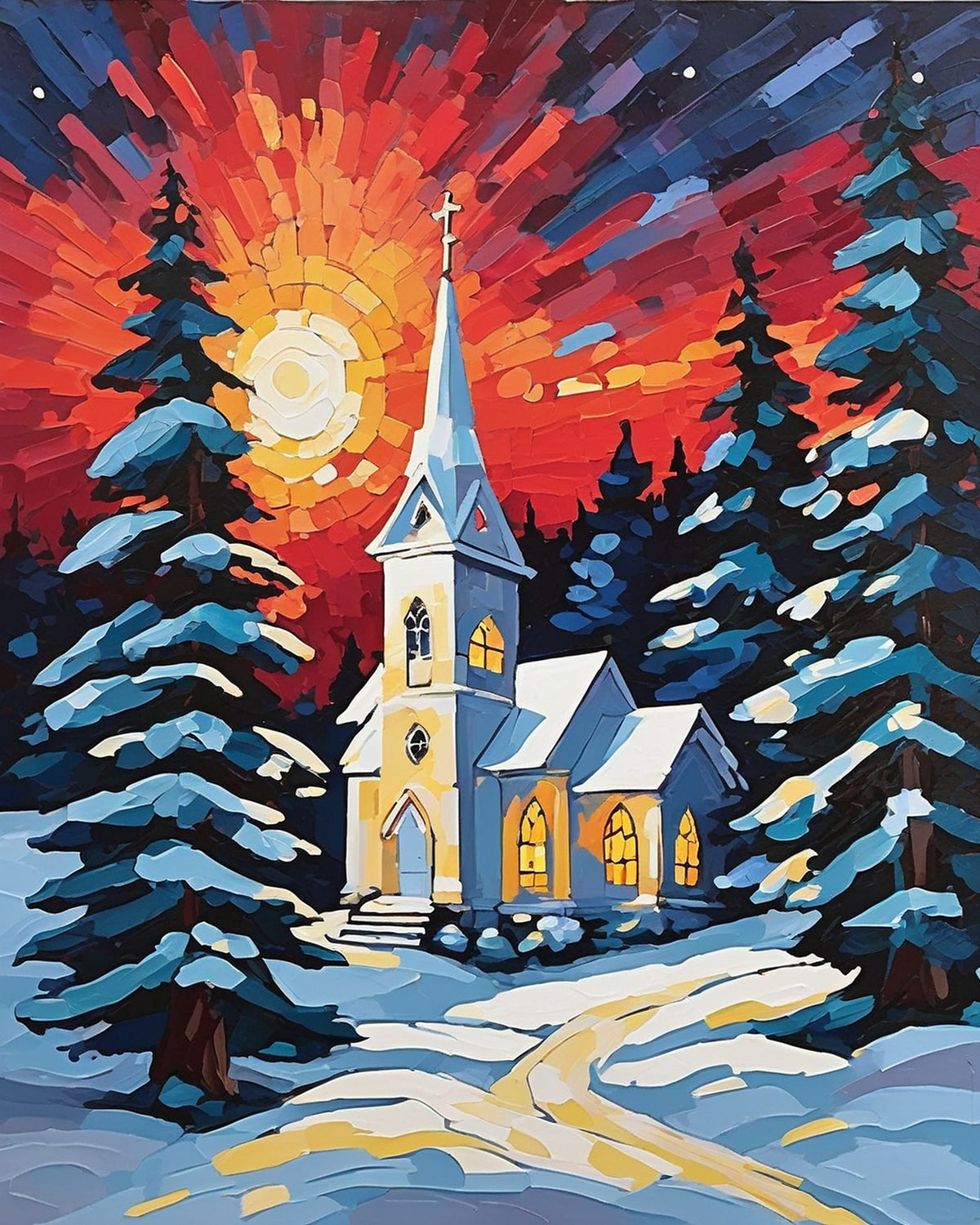 white church with a steeple among snowy pine trees under a red and orange sunset sky, paint by numbers kit