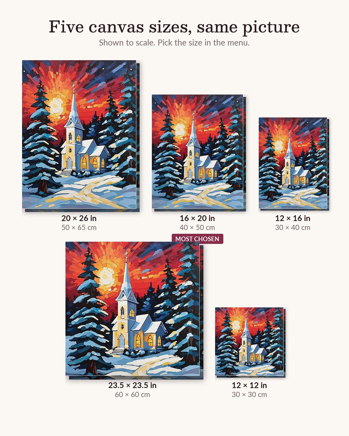Snowy White Church at Sunset canvas sizes from 12 x 12 to 23.5 x 23.5 inches