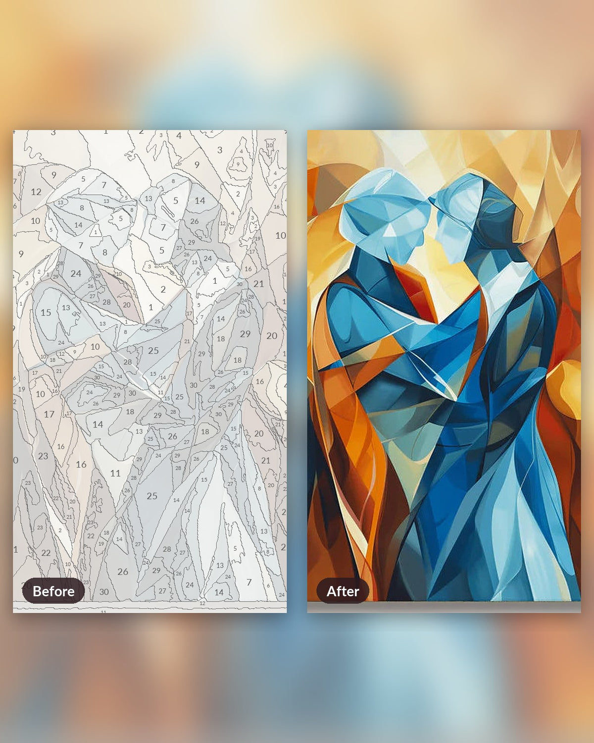 Twin Flames paint by numbers kit, before and after