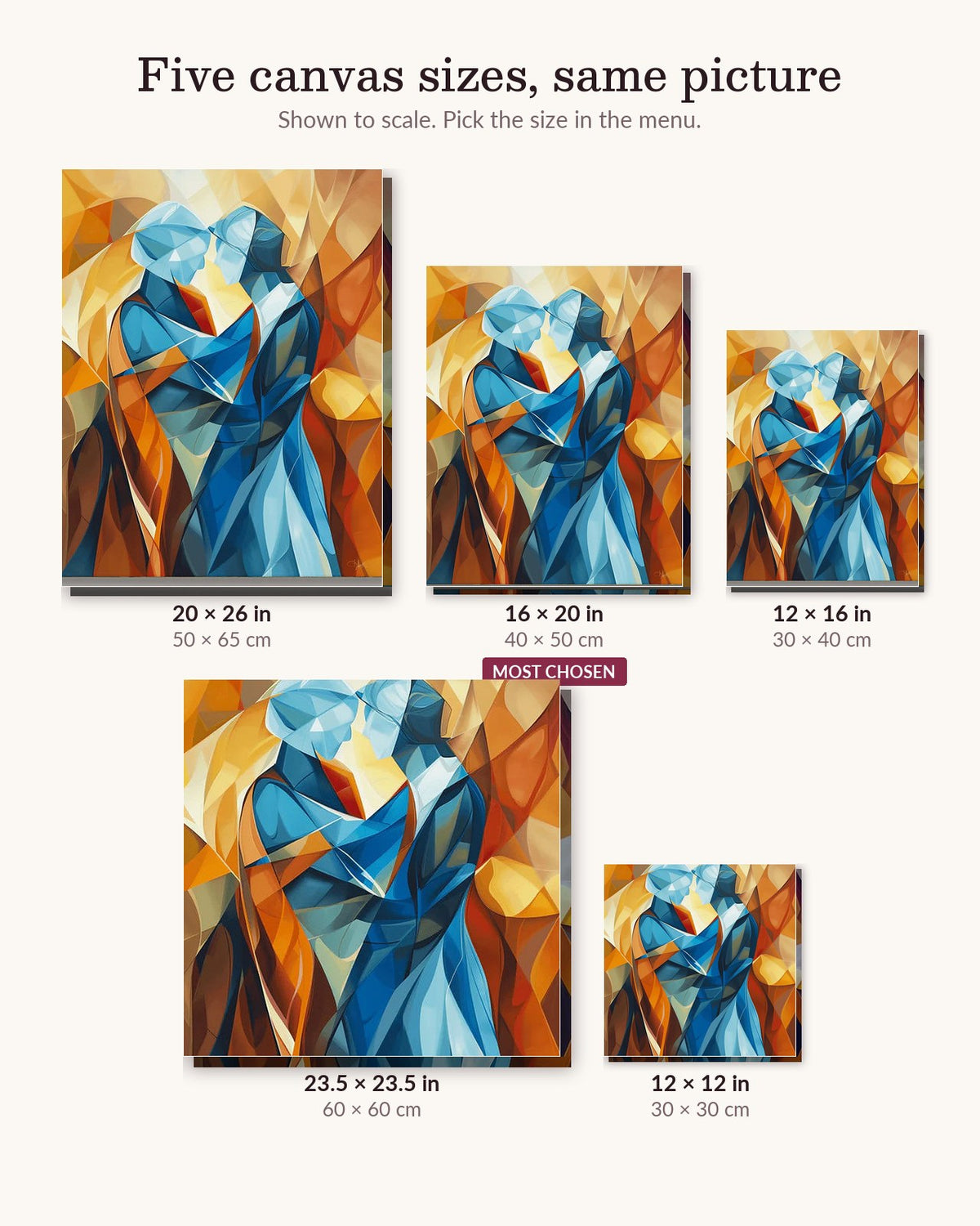 Twin Flames canvas sizes from 12 x 12 to 23.5 x 23.5 inches
