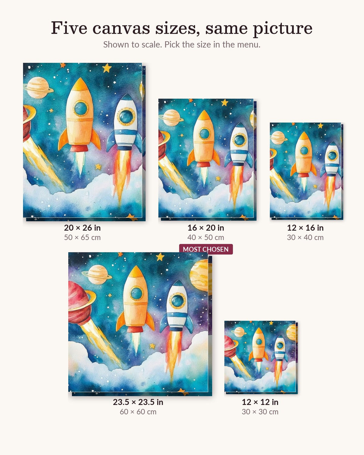 Space Rockets canvas sizes from 12 x 12 to 23.5 x 23.5 inches