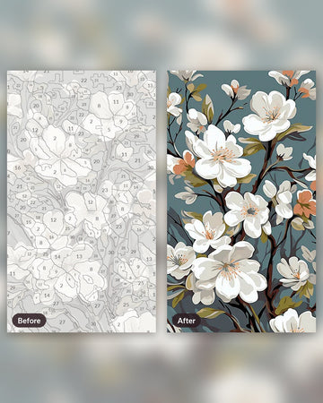 Tapestry of Blossoms paint by numbers kit, before and after